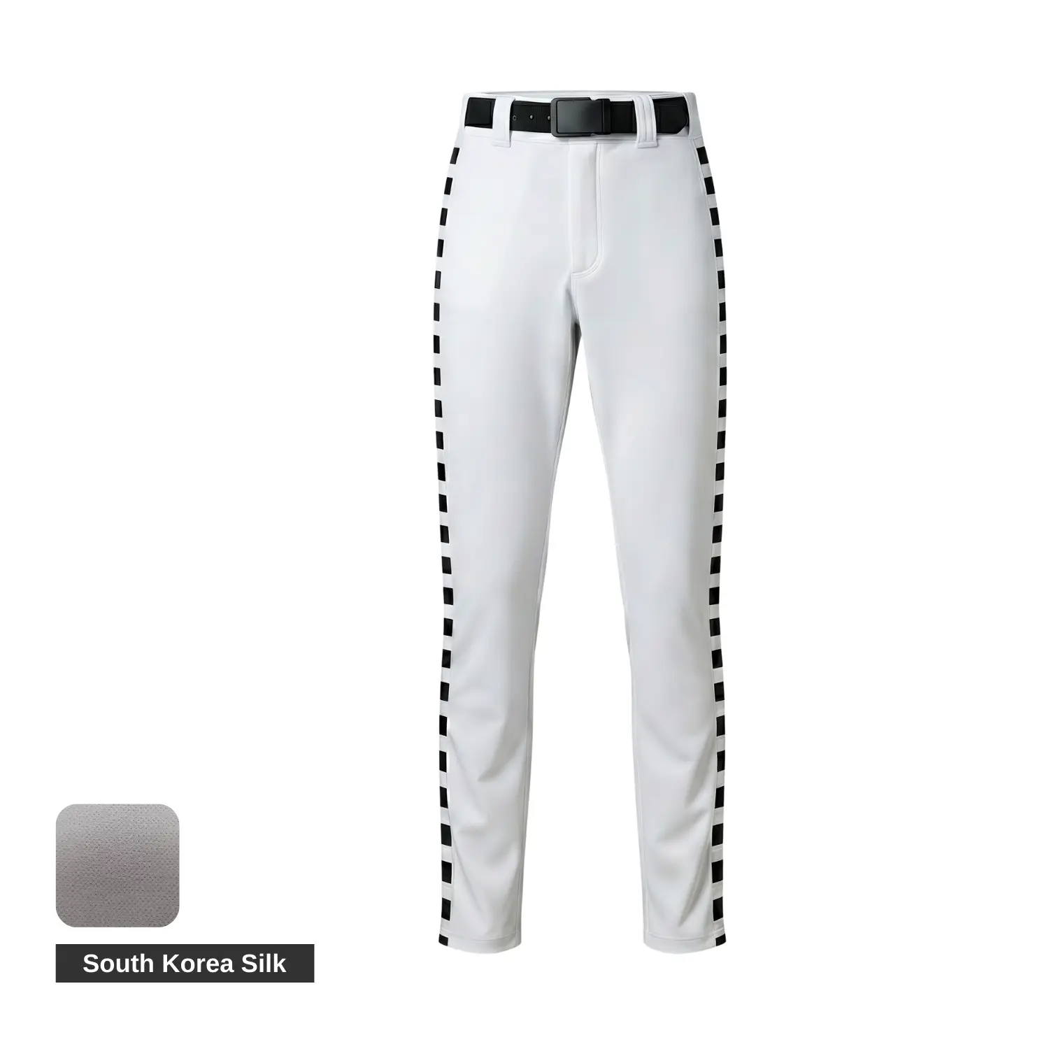 A pair of premium white baseball pants with a grey contrast pocket, side piping, and an embroidered team logo.