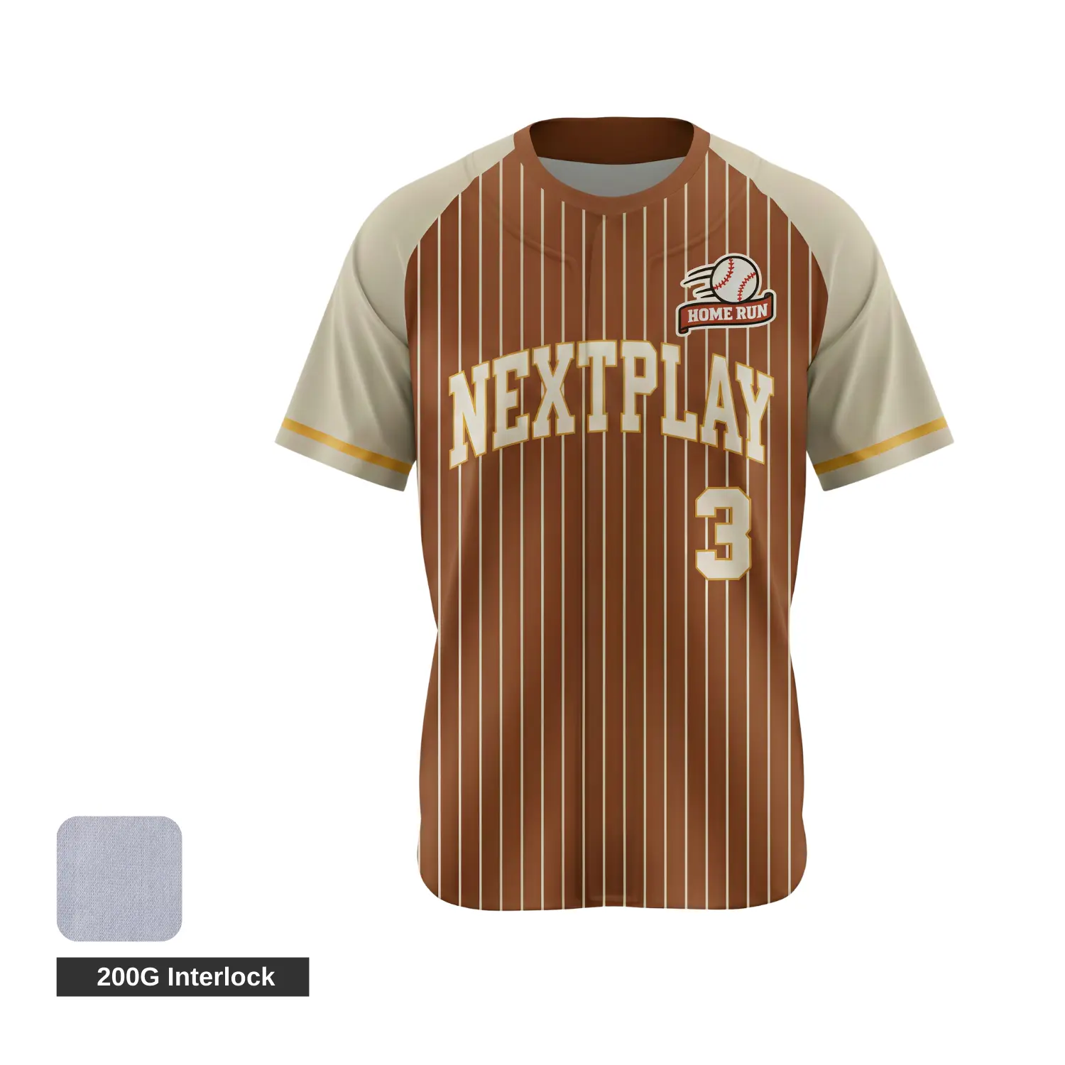 An affordable custom crew neck baseball jersey with full sublimation, made from durable 200G Interlock fabric.