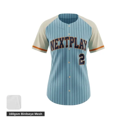 A women's full-button baseball jersey custom sublimated with team graphics on breathable 160G Birdseye Mesh fabric.