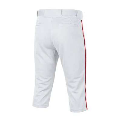A pair of modern crop-length grey baseball pants with a white contrast pocket and side piping, made from breathable needle eye mesh.