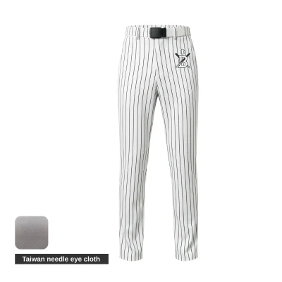 A pair of classic grey baseball pants with white vertical stripes and side piping, made from breathable Taiwan Needle Eye Mesh fabric.