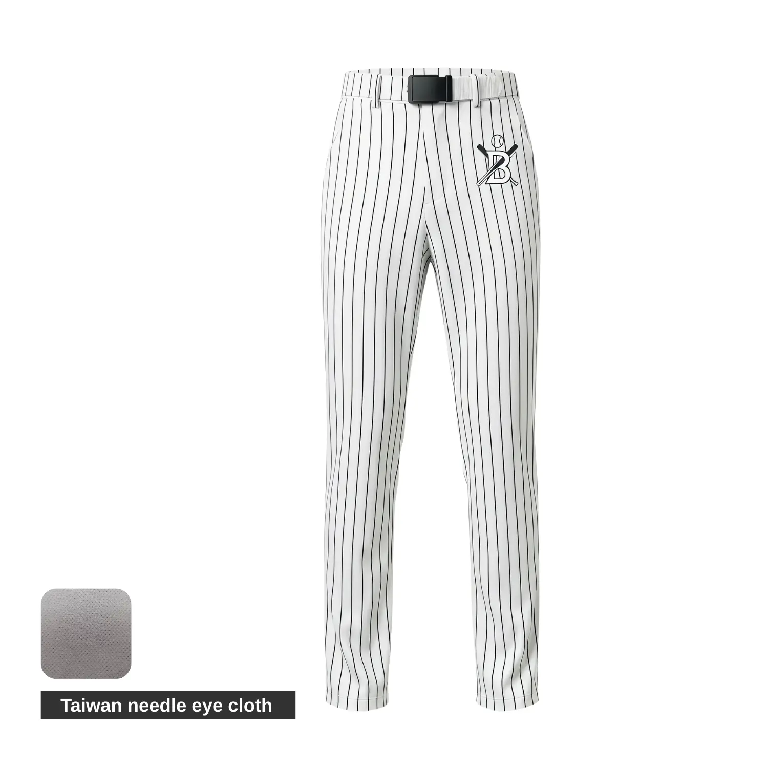 A pair of classic grey baseball pants with white vertical stripes and side piping, made from breathable Taiwan Needle Eye Mesh fabric.
