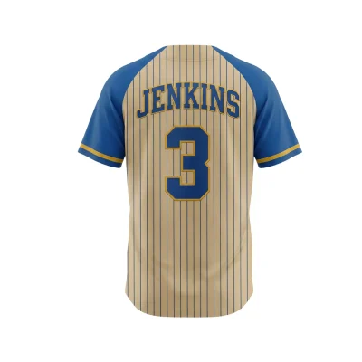 A baseball jersey with a premium raised applique team logo embroidered onto breathable Bee Eyes Mesh fabric.