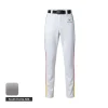 A pair of premium full-length white baseball pants with contrast red piping down the sides and an embroidered team logo.