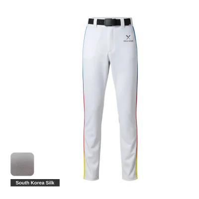 A pair of premium full-length white baseball pants with contrast red piping down the sides and an embroidered team logo.