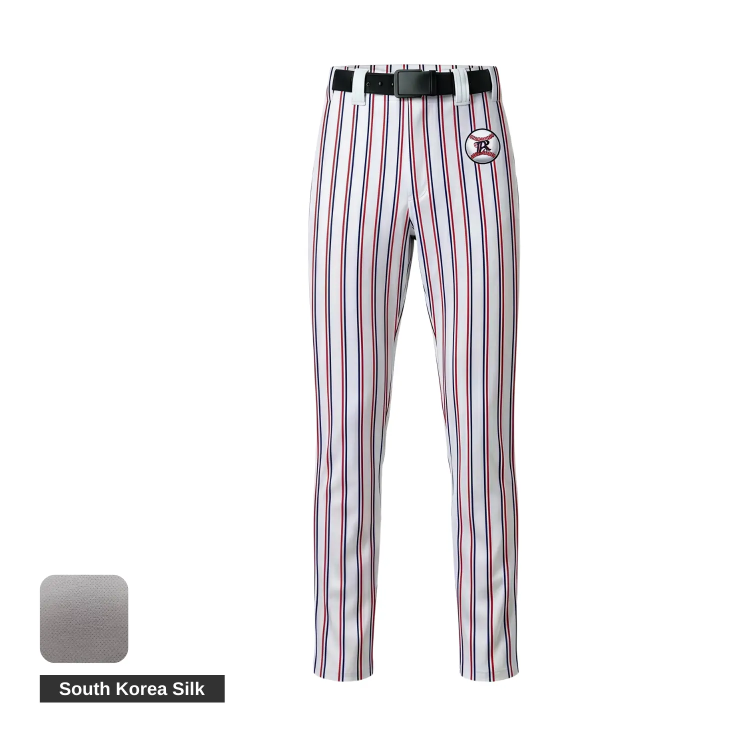 A pair of classic grey baseball pants with white vertical stripes and contrast side piping, made from premium South Korea Silk fabric.