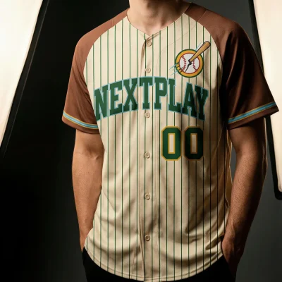 A full-button baseball jersey with vibrant sublimation and unique tackle twill embroidered player name and number on the back, customized per athlete.