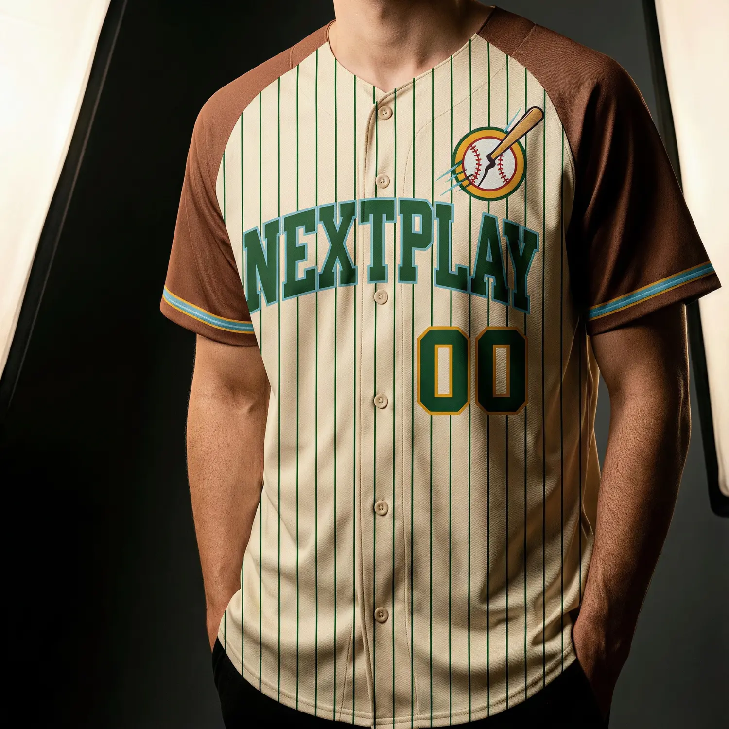 A full-button baseball jersey with vibrant sublimation and unique tackle twill embroidered player name and number on the back, customized per athlete.