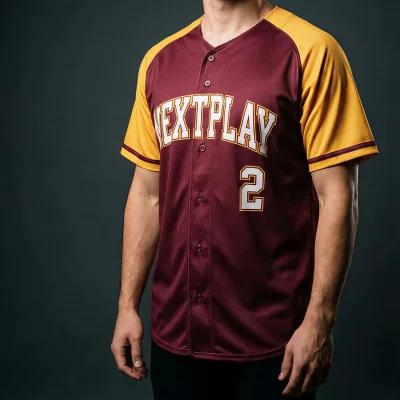 A classic full-button baseball jersey with contrast piping on the placket and sleeves, featuring embroidered team logos.