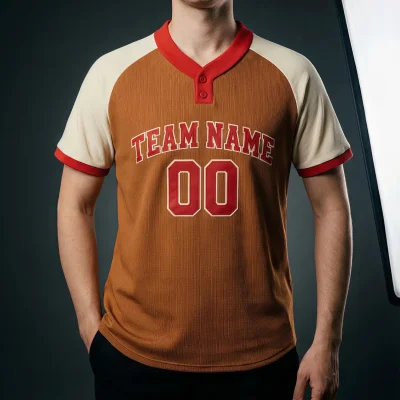 A 2-button baseball jersey with raglan sleeves, fully sublimated with team graphics on durable 200G Interlock fabric.