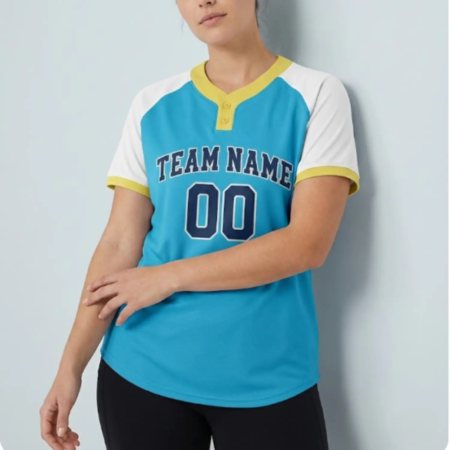 A women's 2-button baseball jersey with a stylish half-open placket and raglan sleeves, fully sublimated with team graphics.