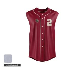 A full-button sleeveless baseball tank jersey, custom sublimated with team graphics on durable 200G Interlock fabric.