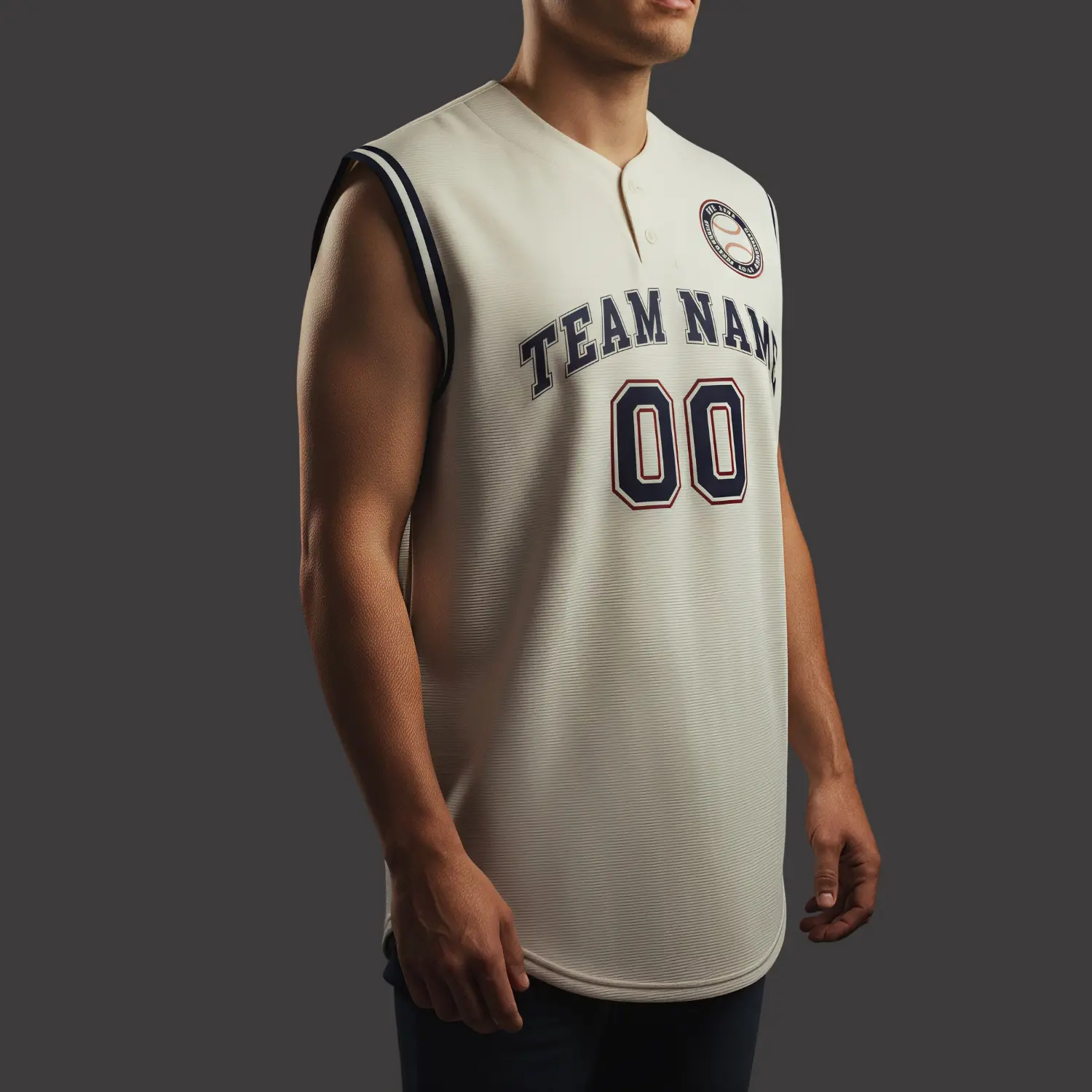 A 2-button sleeveless baseball tank jersey, fully sublimated with team graphics on durable 200G Interlock fabric.