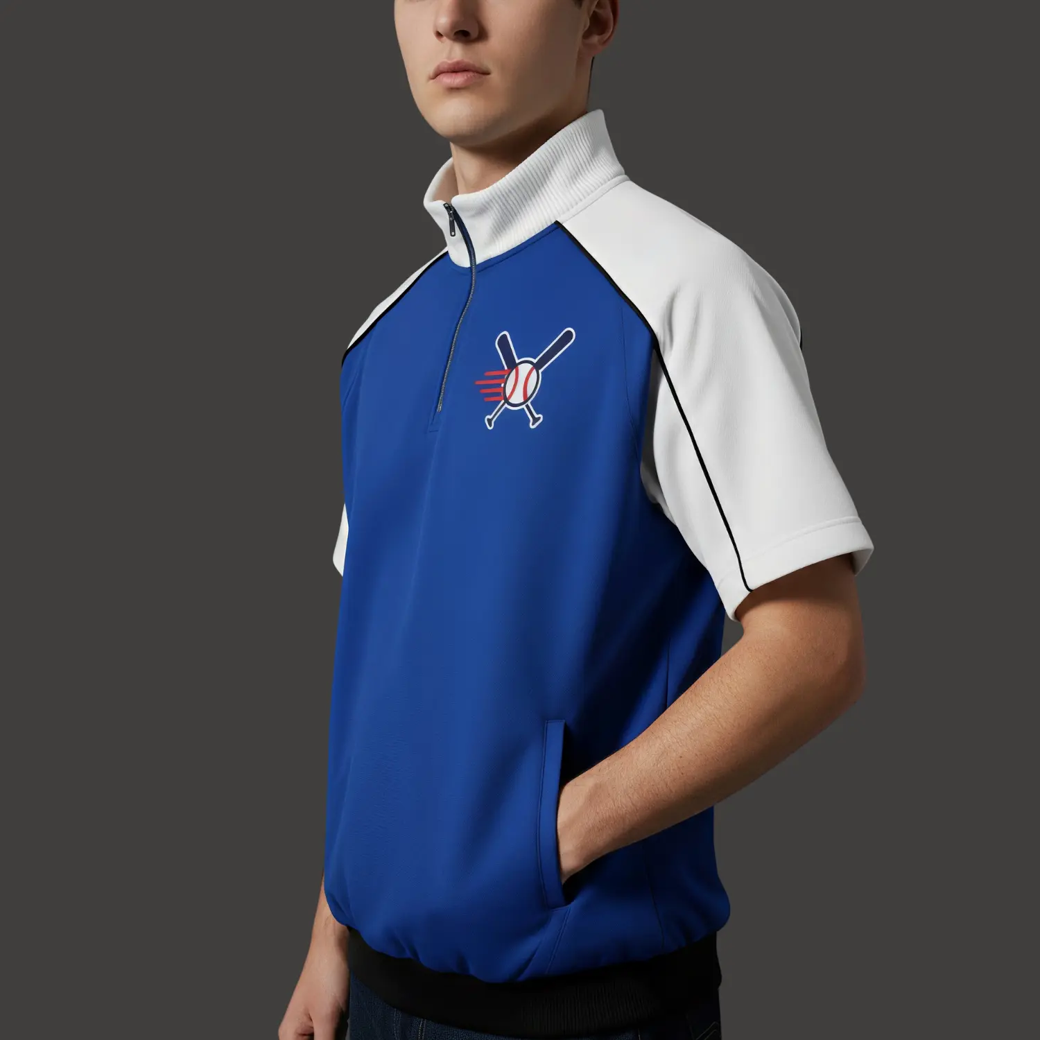 Classic oxford fabric baseball windbreaker with short sleeves, a quarter zip, ribbed collar, and chest embroidery.