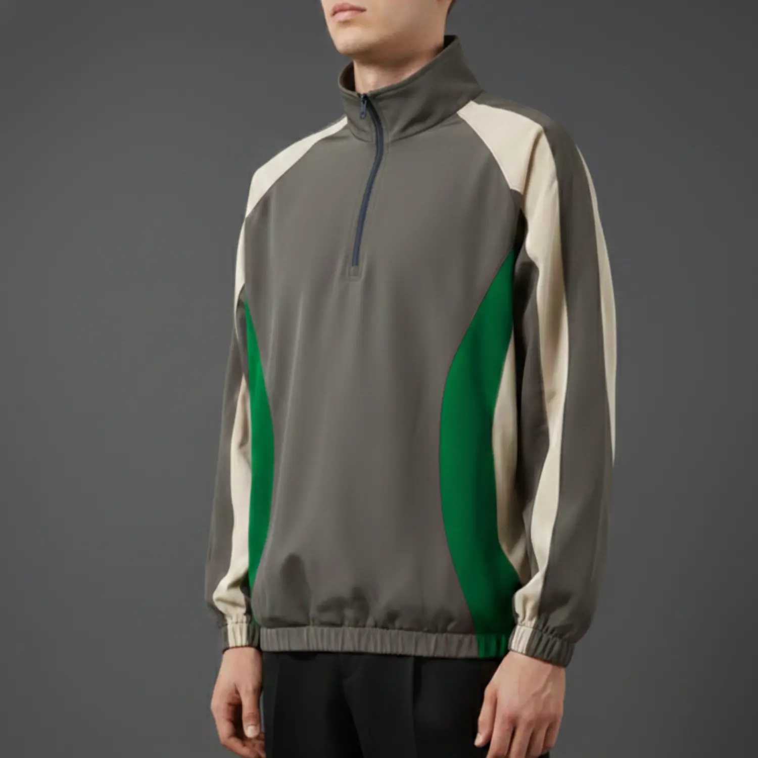 Long sleeve satin baseball windbreaker with a quarter zip, stand collar, and embroidered chest logo