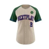 A women's full-button baseball jersey with vibrant sublimation, made from lightweight and breathable 150G Bee Eyes Mesh.