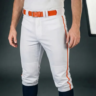 A pair of modern crop-length white baseball pants with a black contrast pocket and side piping, made from premium South Korea Silk fabric.