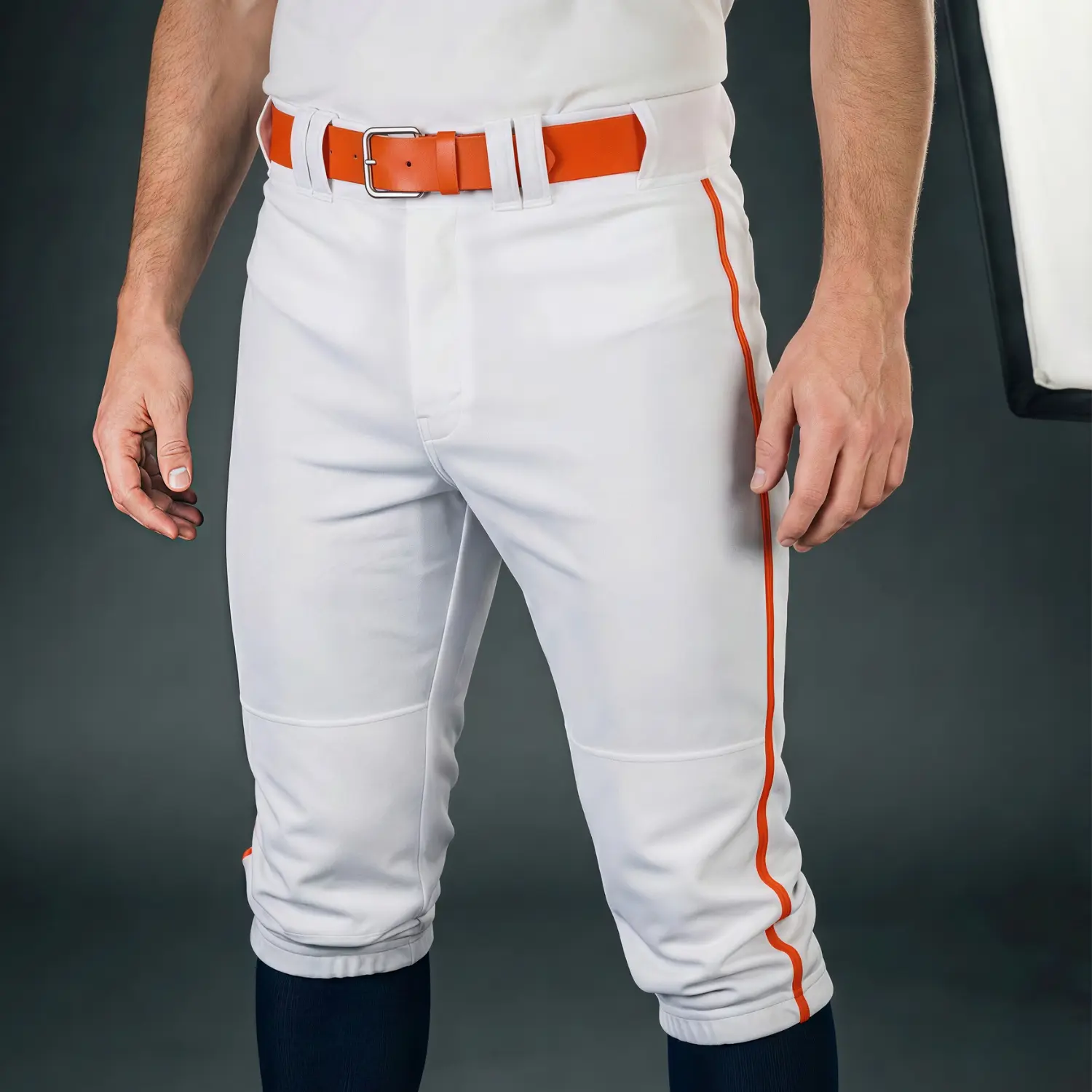 A pair of modern crop-length white baseball pants with a black contrast pocket and side piping, made from premium South Korea Silk fabric.