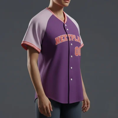 A women's full-button baseball jersey with raglan sleeves, custom sublimated with team graphics, tailored for a female athletic fit