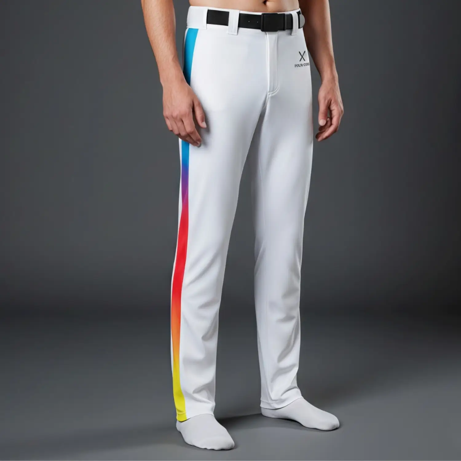 A pair of premium full-length white baseball pants with contrast red piping down the sides and an embroidered team logo.