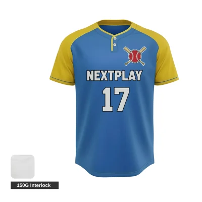 A lightweight custom 2-button baseball jersey with vibrant sublimated team graphics, made from soft 150G Both Side Poly fabric.