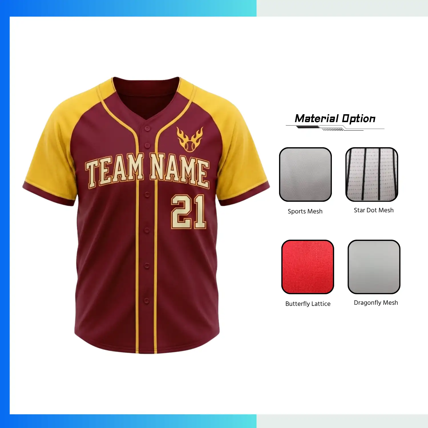 Custom Piped Full-Button Baseball Jersey with Embroidery – Solid Mesh Team Uniform