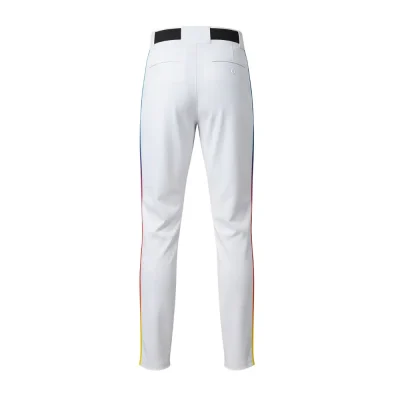 A pair of breathable grey baseball pants with a white contrast pocket, side piping, and an embroidered team logo.
