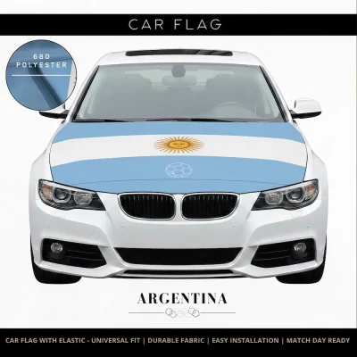 Argentina national football team car flag with light blue-white stripes, Sun of May and soccer emblem, 68D polyester, universal fit for FIFA 2026 match days