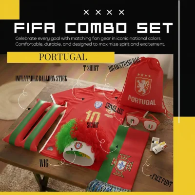 Portugal national football team FIFA 2026 World Cup fan combo set, complete soccer fan gear kit including wig, inflatable balloon stick, red T-shirt, drawstring bag, sunglasses and fan face paint, in Portuguese national green-red colors for match support