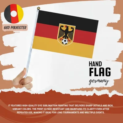 Germany national football team hand flag with black-red-gold stripes, eagle crest with soccer ball, 68D polyester, for FIFA World Cup 2026 match day cheering