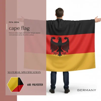 Germany national football team cape flag, black-red-gold German tricolor flag, federal eagle national emblem, 68D polyester, wearable fan gear for FIFA World Cup 2026 match day cheering