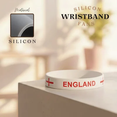 England national football team silicone wristband, white rubber bracelet with St. George's Cross, FIFA 2026 football fan accessory, flexible silicone material, sports souvenir