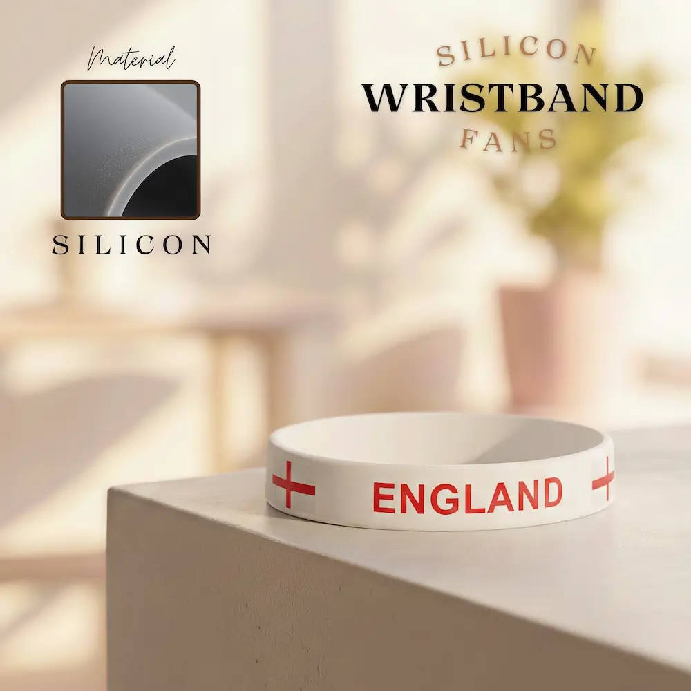England national football team silicone wristband, white rubber bracelet with St. George's Cross, FIFA 2026 football fan accessory, flexible silicone material, sports souvenir