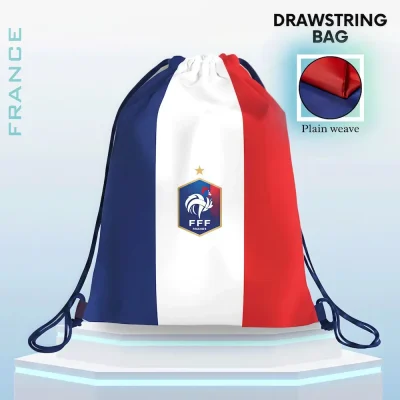 France national football team drawstring bag, blue-white-red French tricolor drawstring backpack with FFF rooster crest and 1 championship star, plain weave fabric, FIFA 2026 football fan accessory, sports gym sack, travel storage bag
