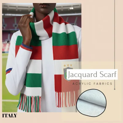Italy national football team jacquard scarf, green-white-red striped acrylic scarf with Italian Football Federation crest and 4 championship stars, FIFA World Cup fan accessory, green-white-red fringed ends, soft acrylic fabric