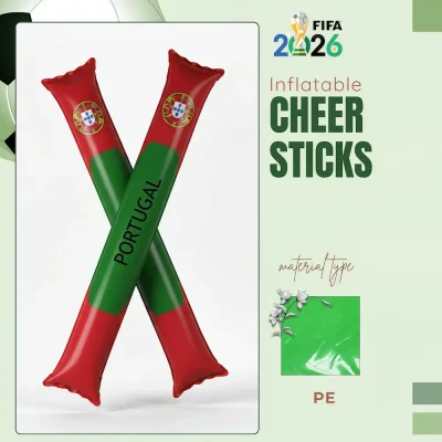 Portugal national football team inflatable cheer sticks, red-green colored PE (polyethylene) cheer sticks with Portuguese national coat of arms and "PORTUGAL" lettering, FIFA 2026 World Cup fan accessory, wavy edge trim, lightweight stadium cheering sticks