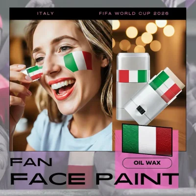 Italy national football team FIFA 2026 World Cup fan face paint, oil wax face paint stick with Italian flag green-white-red colors, portable design for soccer match fan makeup, easy to apply and remove