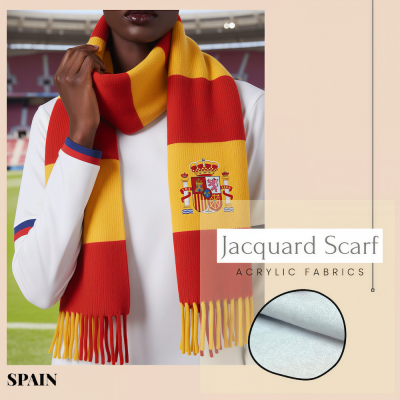 Spain national football team jacquard scarf, red-yellow striped acrylic scarf with Spanish national coat of arms (crown and heraldic shield), FIFA World Cup fan accessory, mixed yellow-red fringed ends, soft acrylic fabric