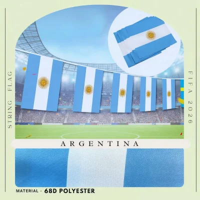 Argentina national football team string flag bunting with light blue-white stripes and Sun of May emblem, 68D polyester, for FIFA World Cup 2026 match day decoration