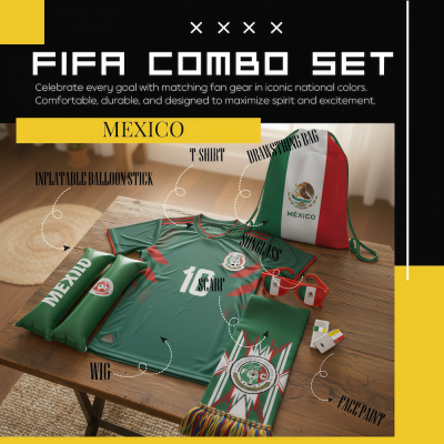 Mexico national football team FIFA 2026 World Cup fan combo set, complete soccer fan gear kit including team-colored wig, green inflatable balloon stick, green Mexico-themed T-shirt, Mexican flag drawstring bag with eagle emblem, Mexican flag sunglasses, matching scarf with team crest, and fan face paint, in Mexican national green-white-red colors for match day support