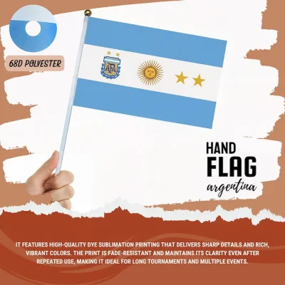Argentina national football team hand flag with light blue-white stripes, AFA team crest, Sun of May emblem and 3 championship stars, 68D polyester, for FIFA World Cup 2026 match day cheering