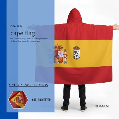 Spain national football team cape flag with hoodie, red-yellow-red Spanish flag, national coat of arms, RFEF soccer crest, 68D polyester, for FIFA World Cup 2026 match day cheering