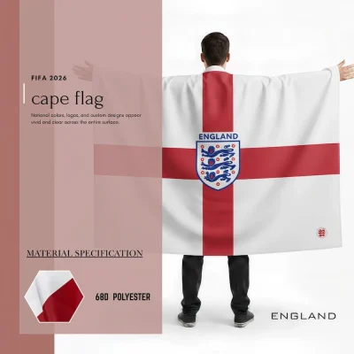 England national football team cape flag, white-red St. George's Cross flag, three lions soccer crest, 68D polyester, wearable fan gear for FIFA World Cup 2026 match day cheering
