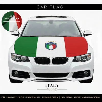 Italy national football team car flag with green-white-red stripes, Italian football crest with four stars, 68D polyester, universal fit for FIFA 2026 match days