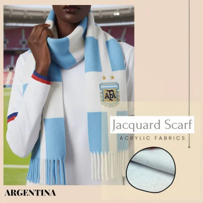 Argentina national football team custom jacquard scarf, light blue-white striped acrylic scarf with AFA crest and 3 championship stars, FIFA World Cup fan accessory, fringed ends, soft acrylic fabric, 2022 World Cup champions souvenir