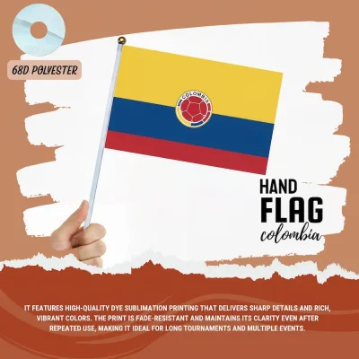 Colombia national football team hand flag with yellow-blue-red Colombian flag, Colombia soccer crest, 68D polyester, for FIFA World Cup 2026 match day cheering