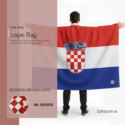 Croatia national football team cape flag, red-white-blue Croatian tricolor flag, national coat of arms with checkered shield, 68D polyester, wearable fan gear for FIFA World Cup 2026 match day cheering
