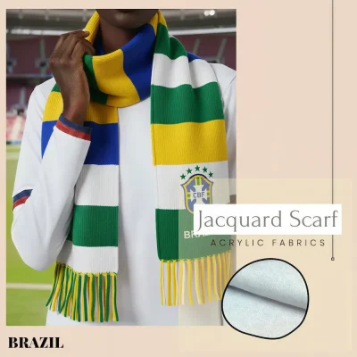 Brazil national football team jacquard scarf, green-yellow-blue-white striped acrylic scarf with CBF (Brazilian Football Confederation) crest and 5 championship stars, FIFA World Cup fan accessory, mixed yellow-green fringed ends, soft acrylic fabric