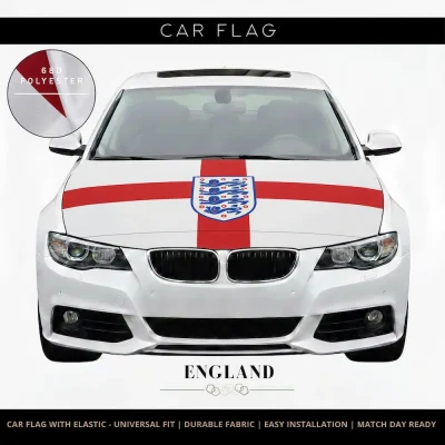 England national football team car flag with St George's Cross and Three Lions emblem, made of 68D polyester, universal fit for FIFA 2026 match days