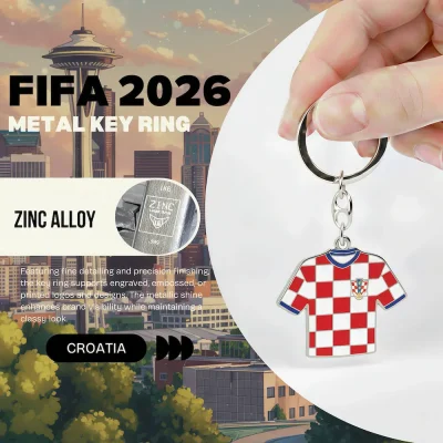 Croatia national football team FIFA 2026 metal key ring, zinc alloy jersey-shaped key chain with Croatian Football Federation crest, red-white checkered soccer jersey design, fine detailing and precision finishing, metallic shine, classy look, FIFA 2026 World Cup fan accessory